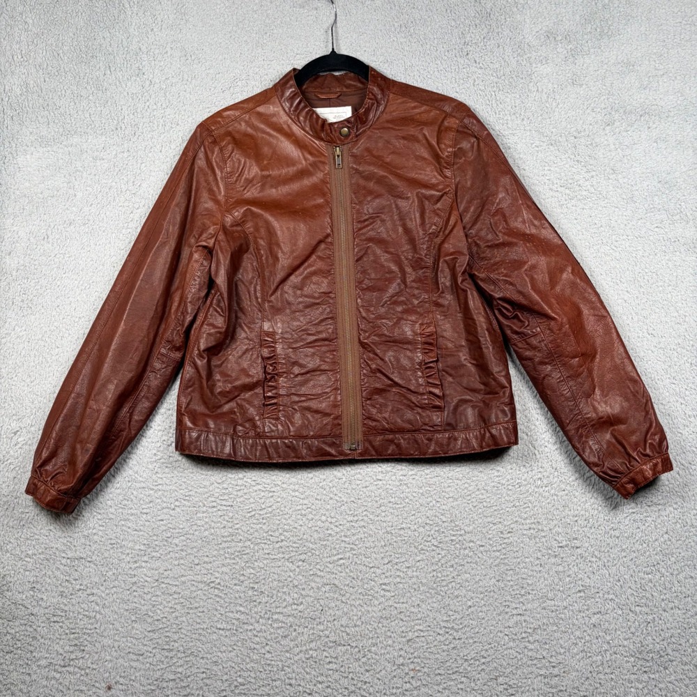 VTG Old Navy Brown Genuine Leather Moto Jacket Womens L Y2K Full Zip‎ Biker